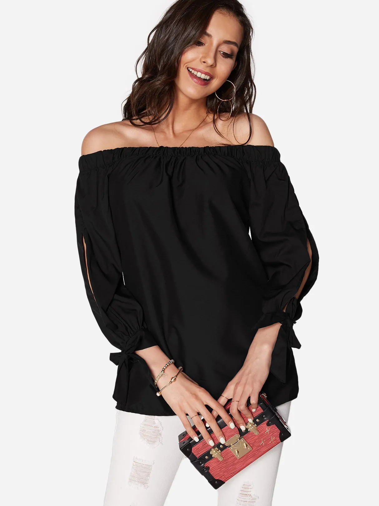 Custom Off The Shoulder Cut Out Long Sleeve Blouses