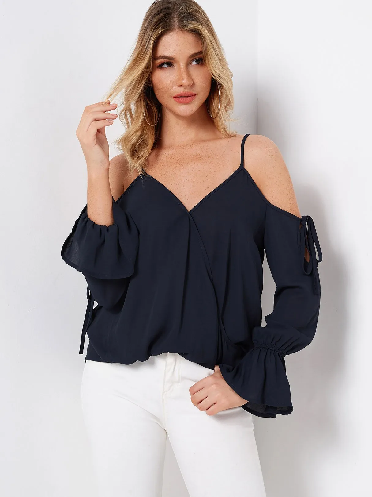 Custom V-Neck Crossed Collar Plain Crossed Front Long Sleeve Navy Blouses