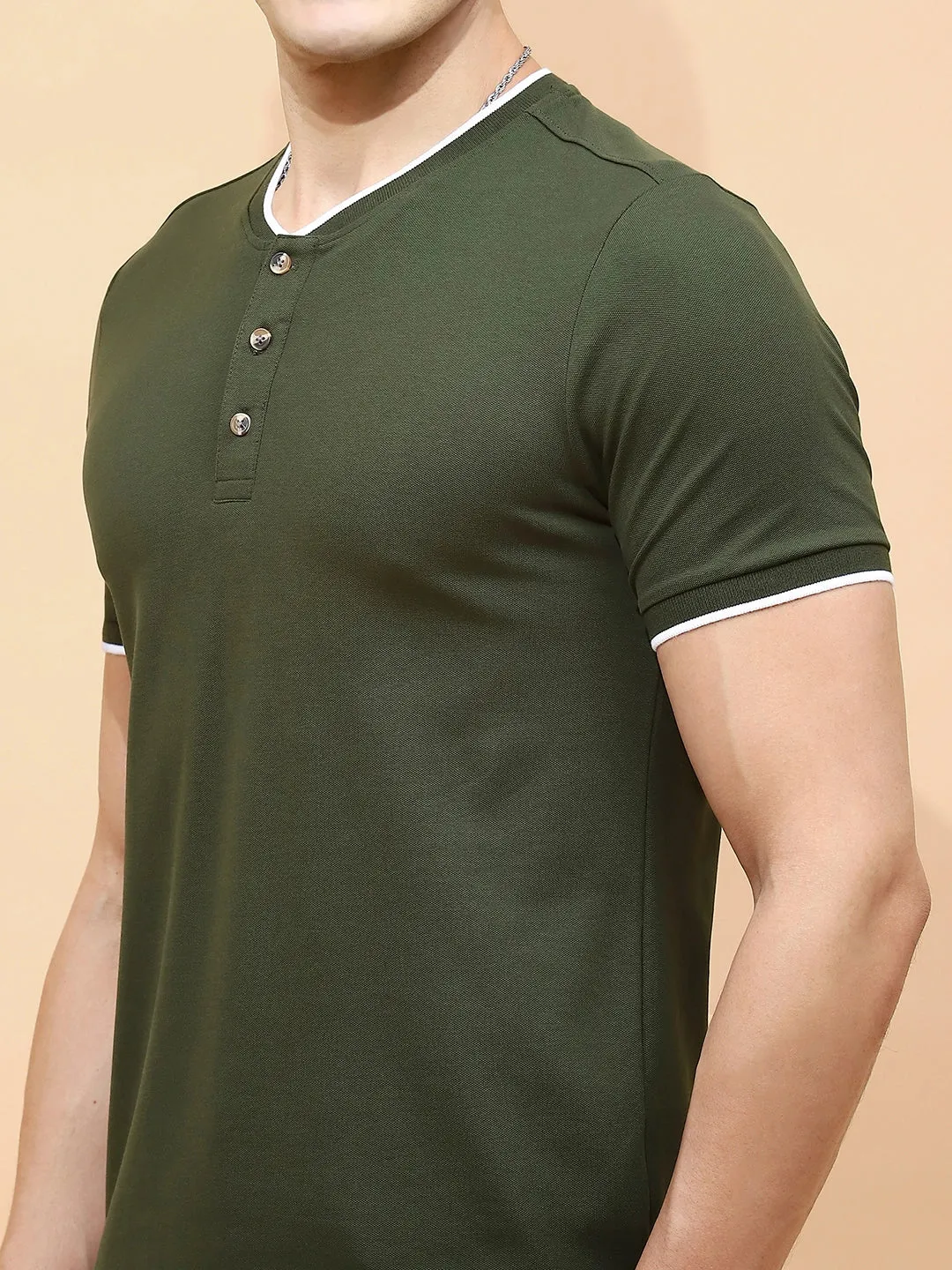 Dark Olive Cotton Blend Regular Fit T-Shirt For Men