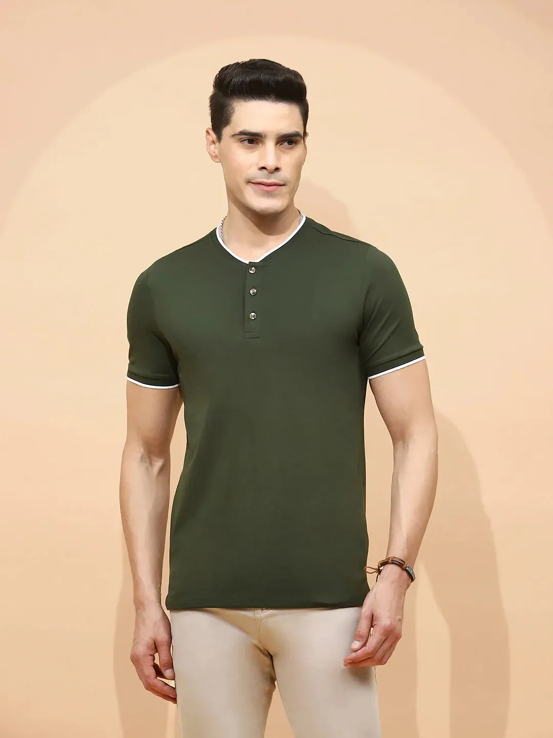 Dark Olive Cotton Blend Regular Fit T-Shirt For Men