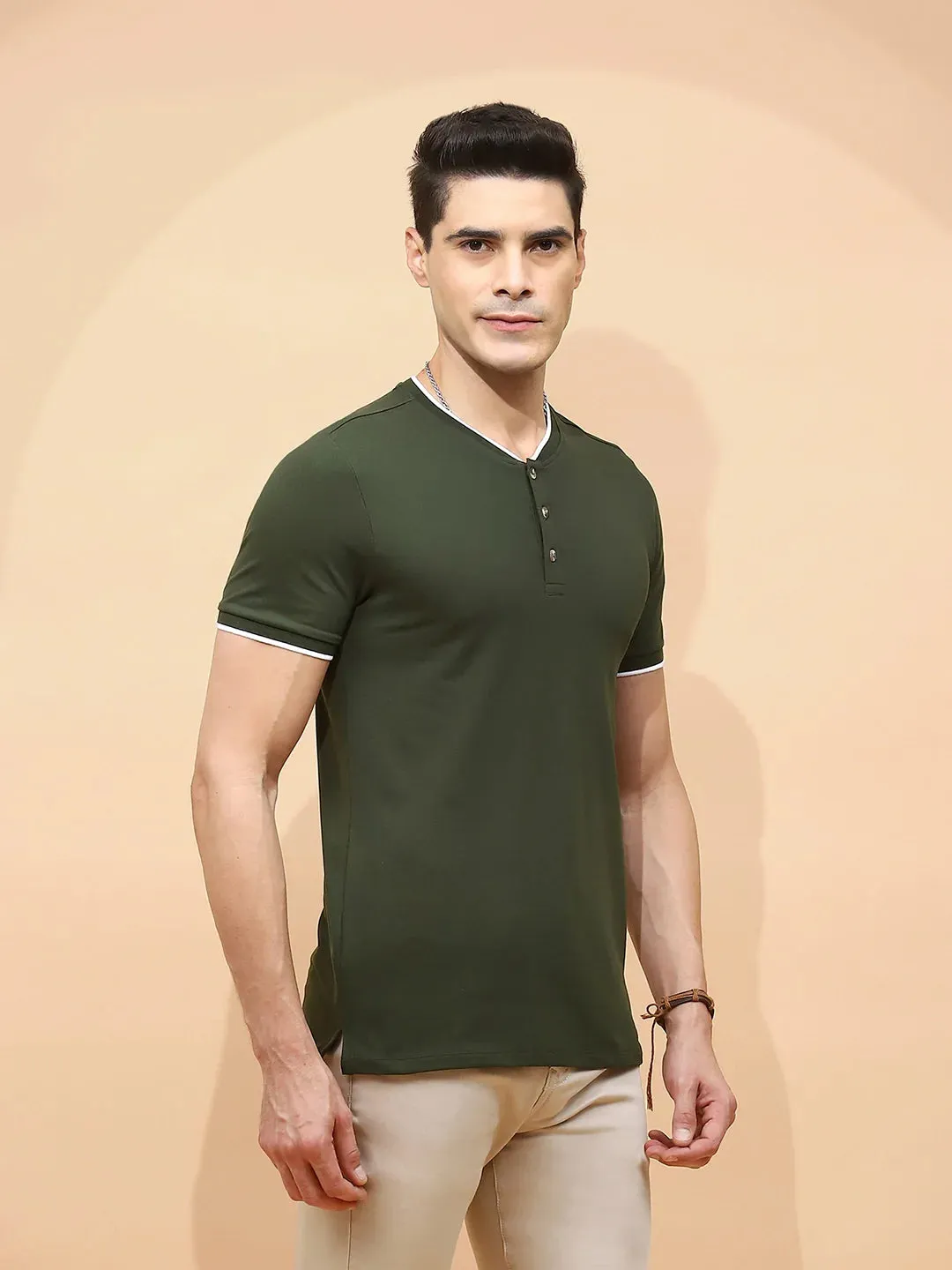 Dark Olive Cotton Blend Regular Fit T-Shirt For Men