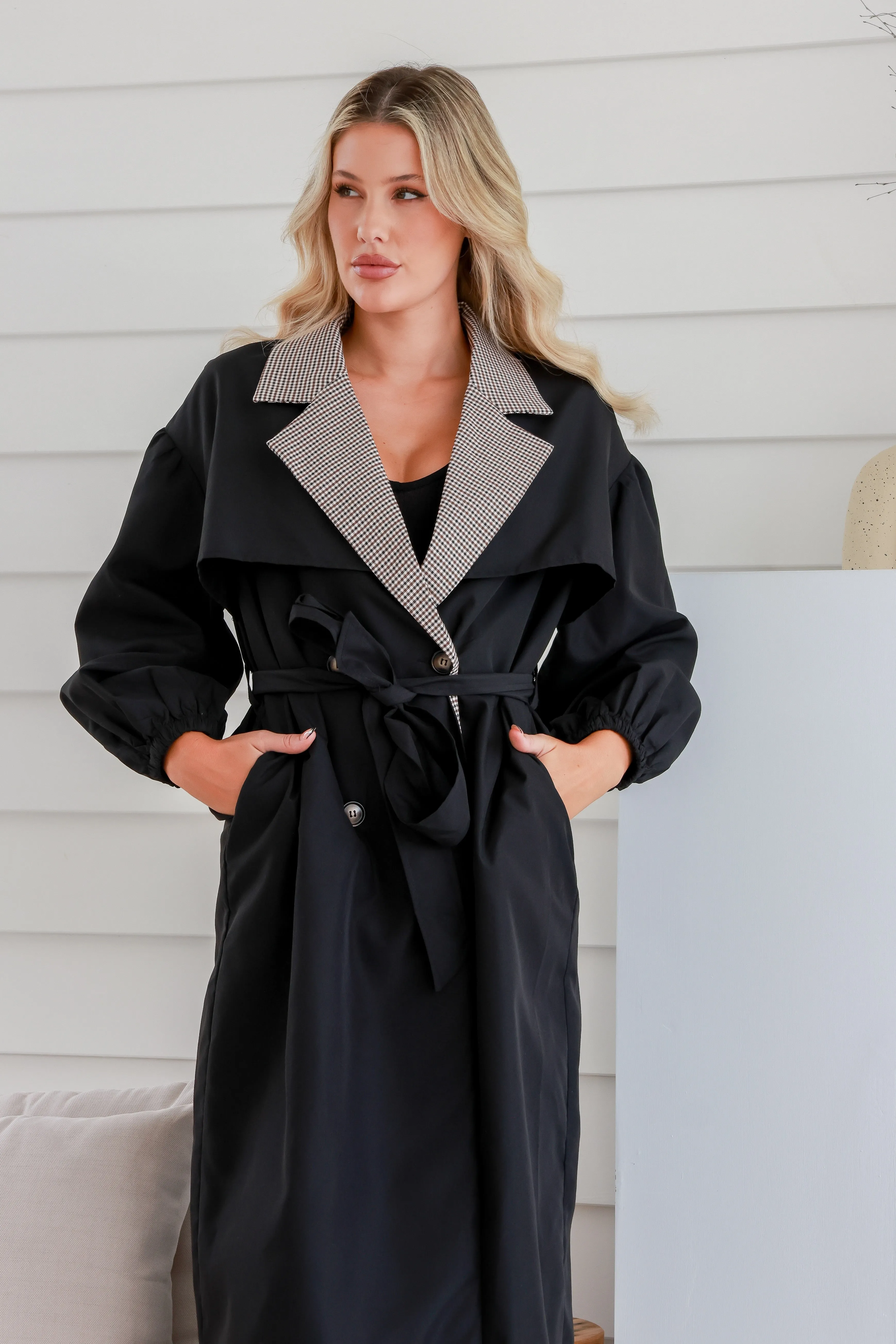 Dreamhouse Gingham Trim Trench Black