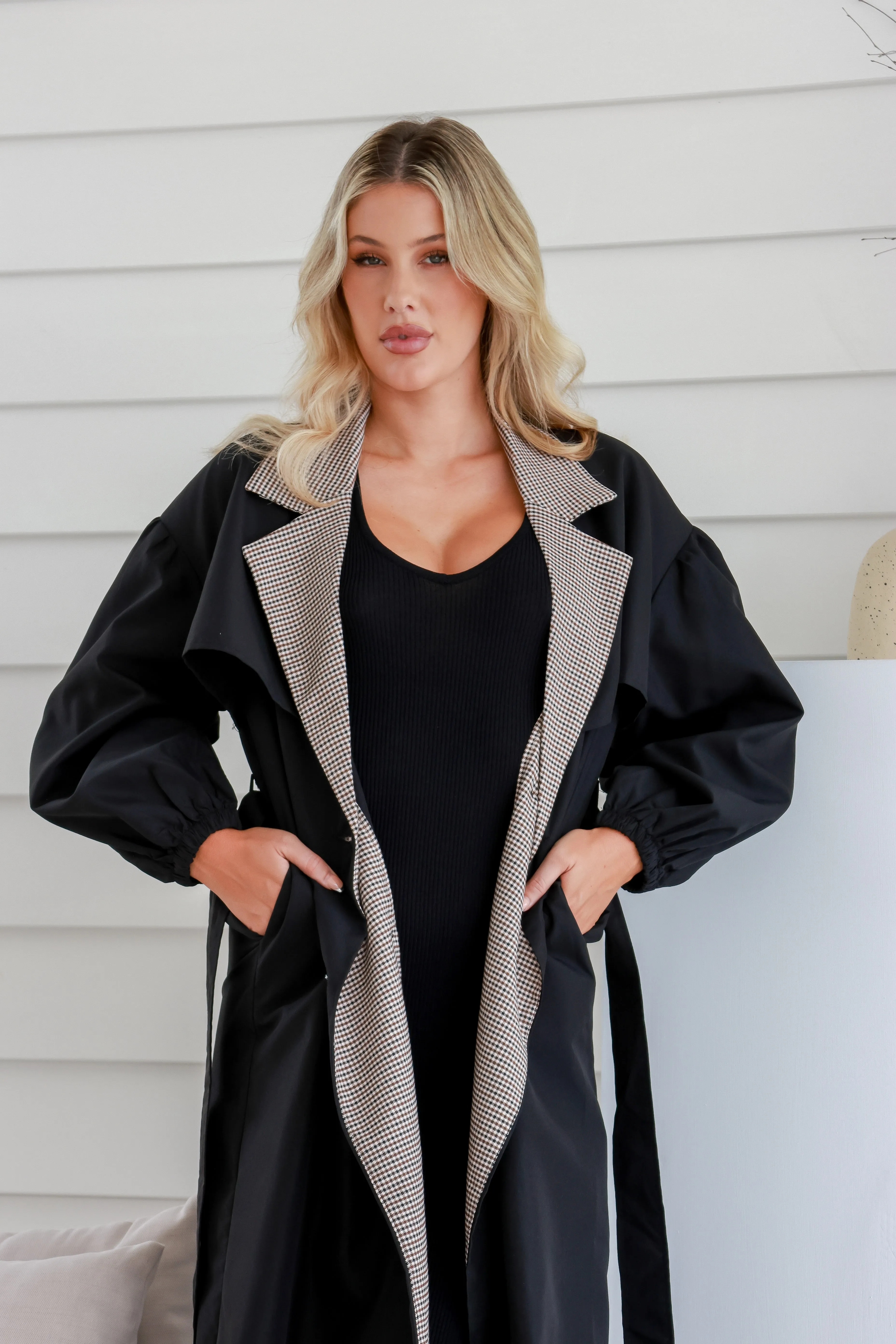 Dreamhouse Gingham Trim Trench Black