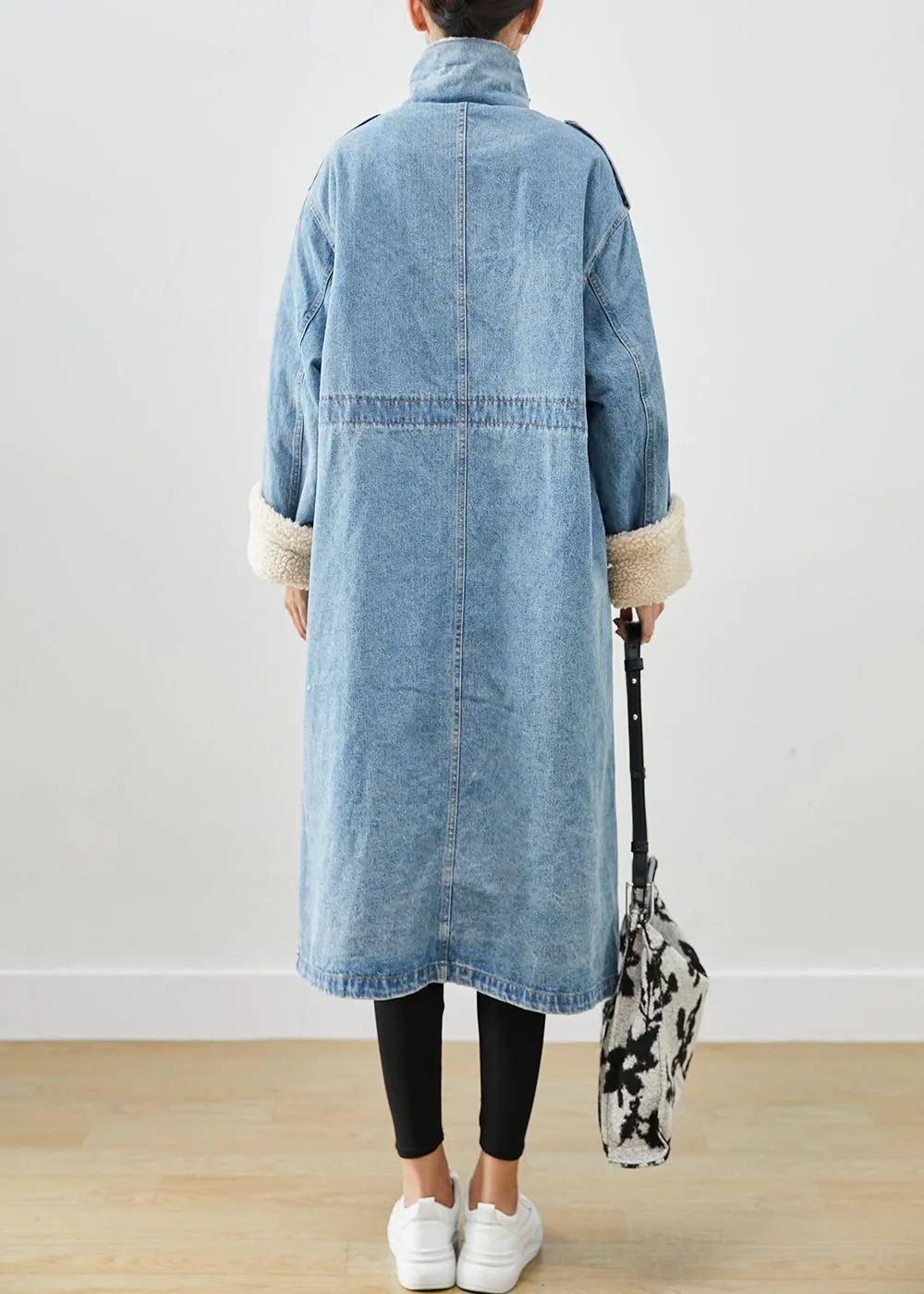 Elegant Blue Oversized Pockets Fleece Wool Lined Denim Trench Fall ML1889