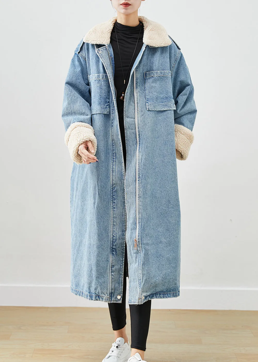 Elegant Blue Oversized Pockets Fleece Wool Lined Denim Trench Fall ML1889