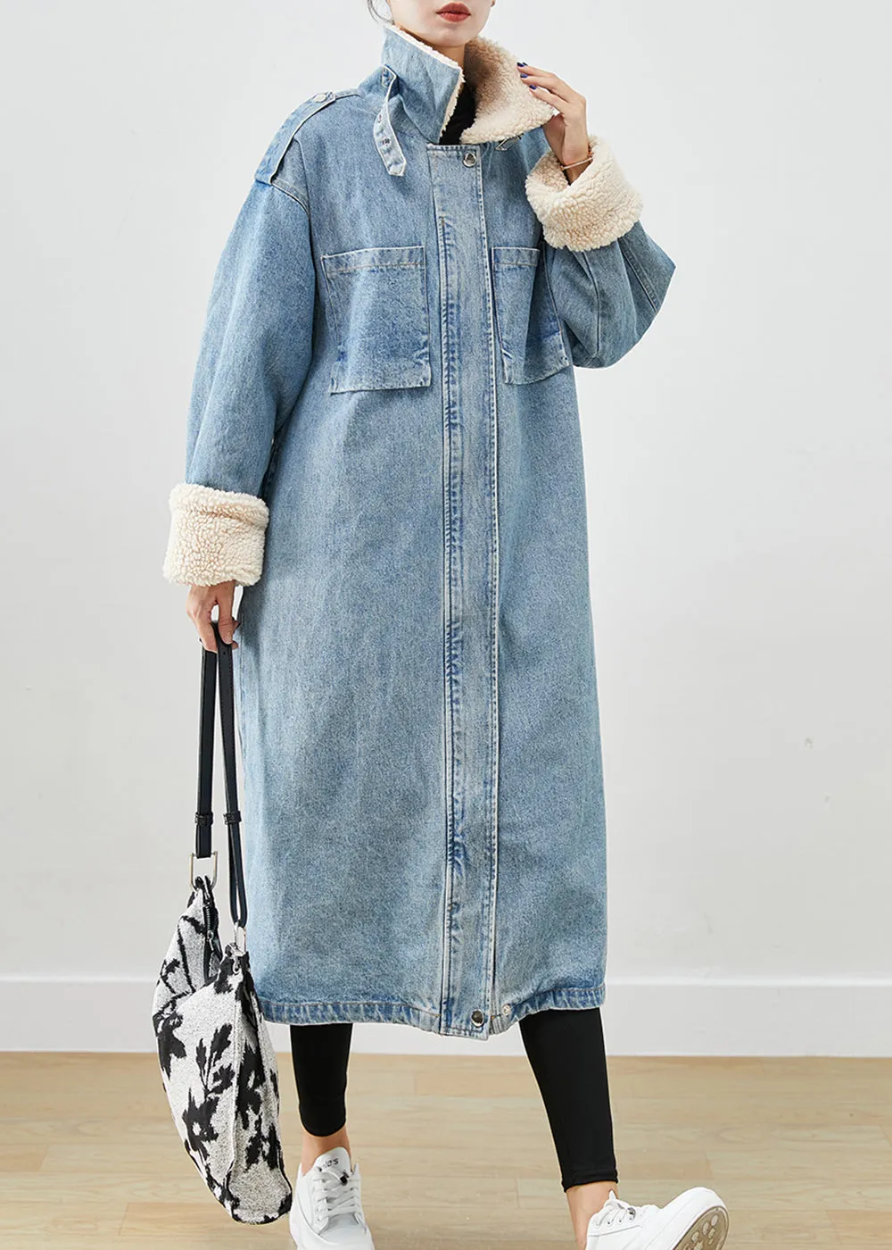 Elegant Blue Oversized Pockets Fleece Wool Lined Denim Trench Fall ML1889