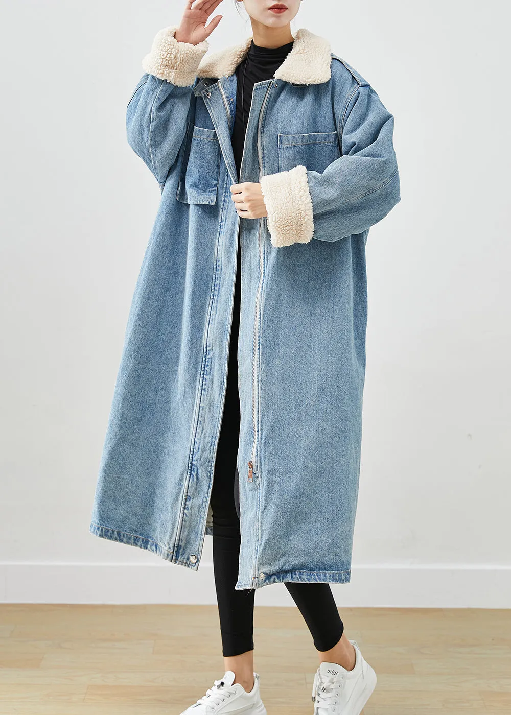 Elegant Blue Oversized Pockets Fleece Wool Lined Denim Trench Fall ML1889