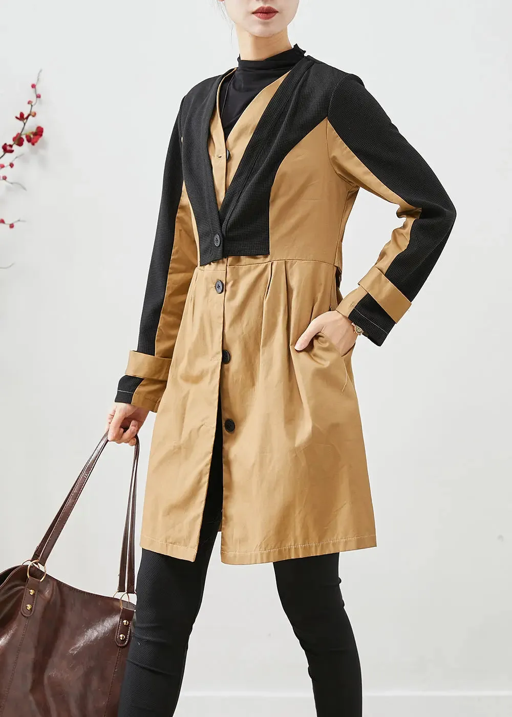 Elegant Colorblock Silm Fit Patchwork Cotton Trench Fall ML3254