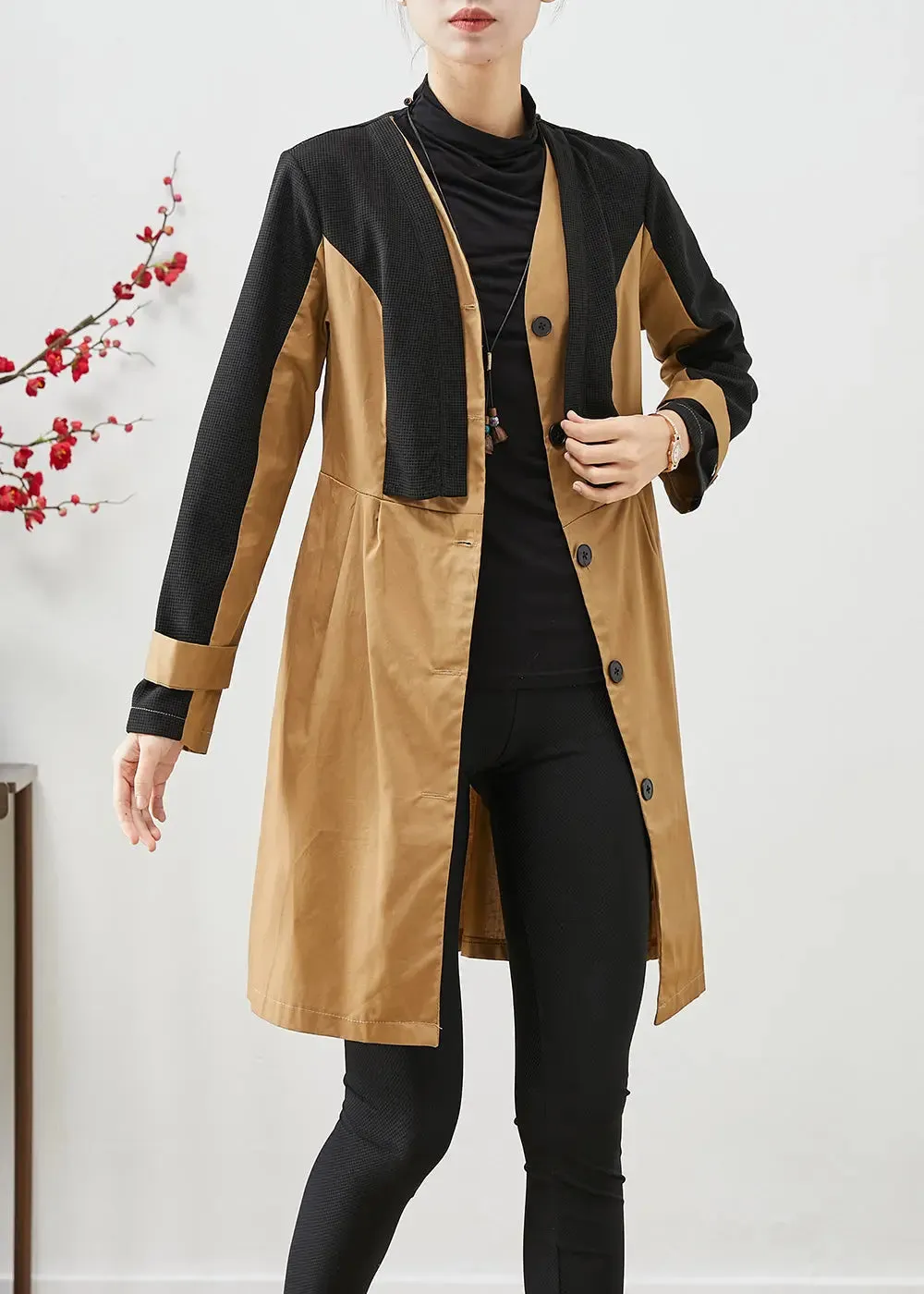 Elegant Colorblock Silm Fit Patchwork Cotton Trench Fall ML3254