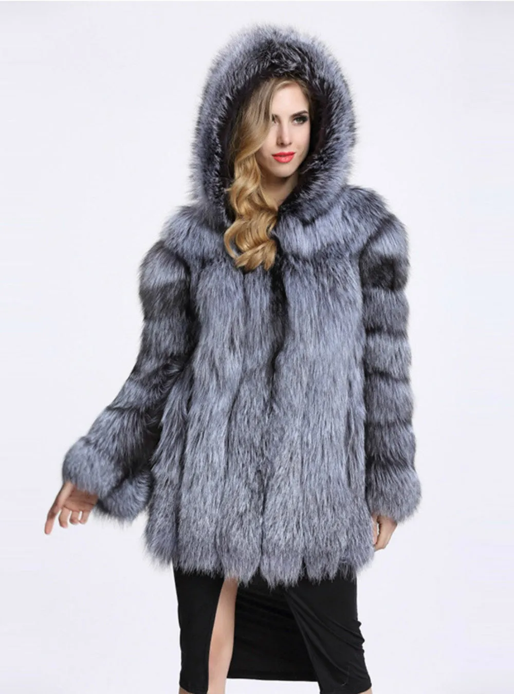 Faux Fox Fur Medium Length Sleeve Cap Coat Female