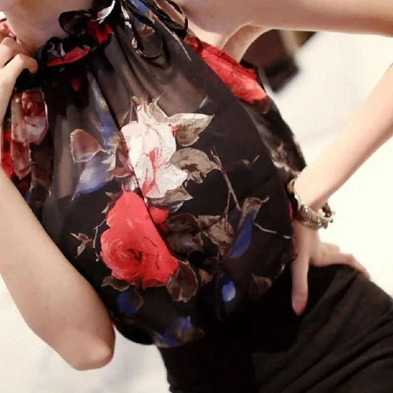 Floral Print Sleeveless Tops Loose Female Casual Blouses