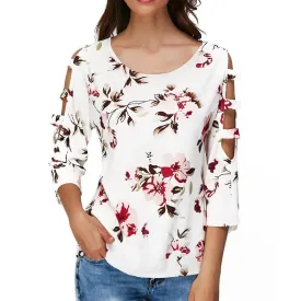 Flower Print O-Neck Cutout Blouses