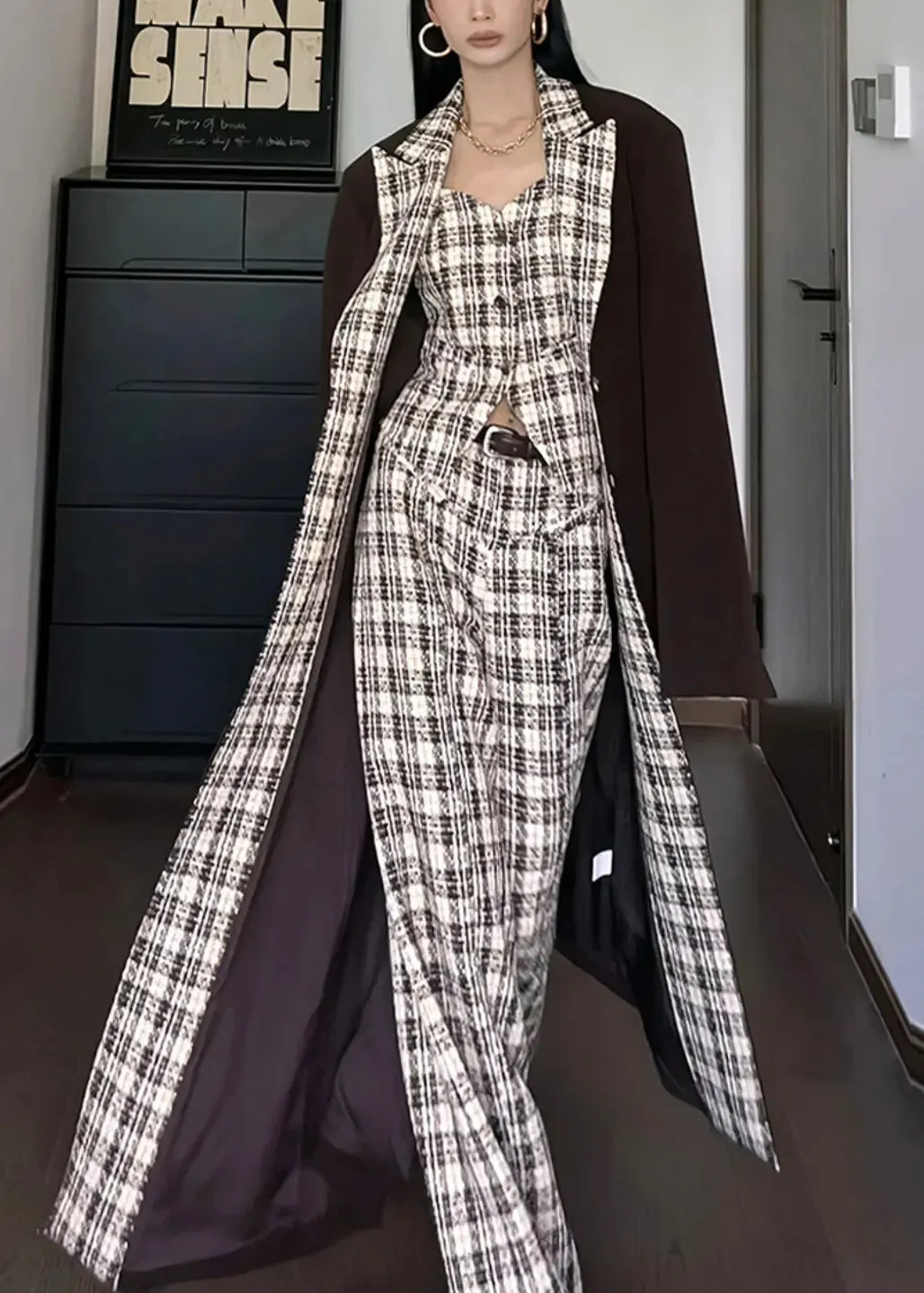 French Button Plaid Patchwork Trench Fall