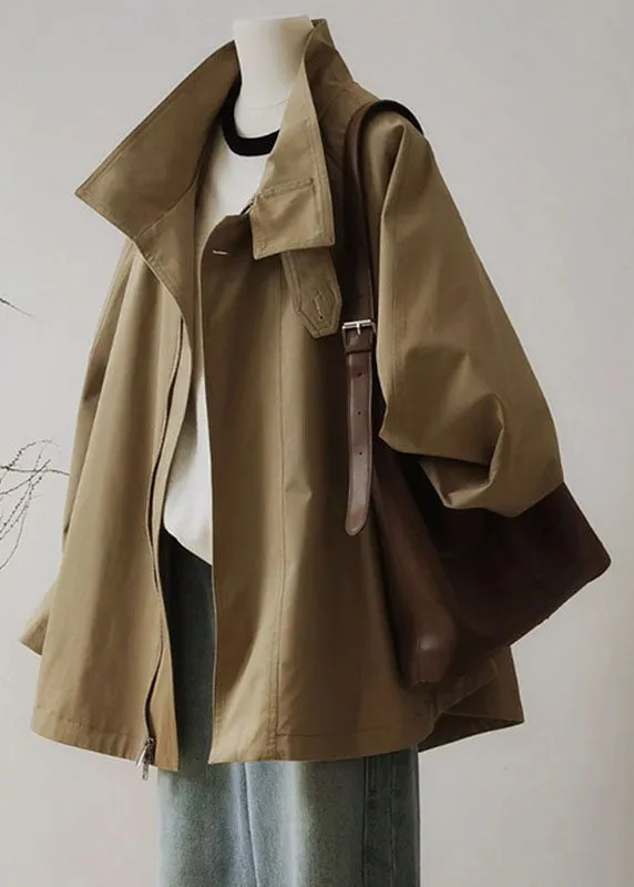 French Khaki Peter Pan Collar Zippered Patchwork Trench Coats Long Sleeve FA263