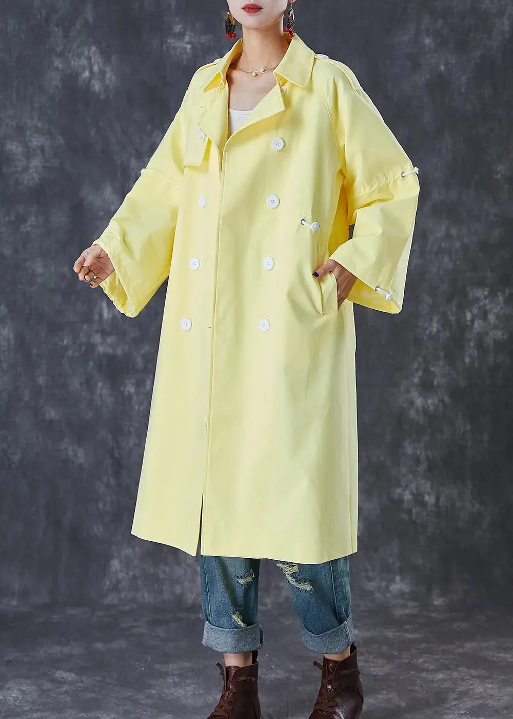 French Light Yellow Drawstring Double Breast Cotton Trench Fall ML3077