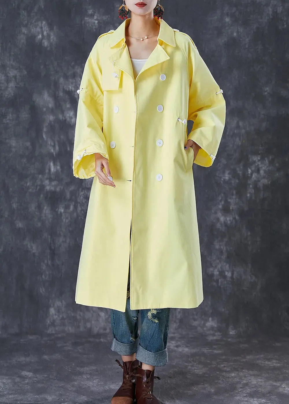 French Light Yellow Drawstring Double Breast Cotton Trench Fall ML3077