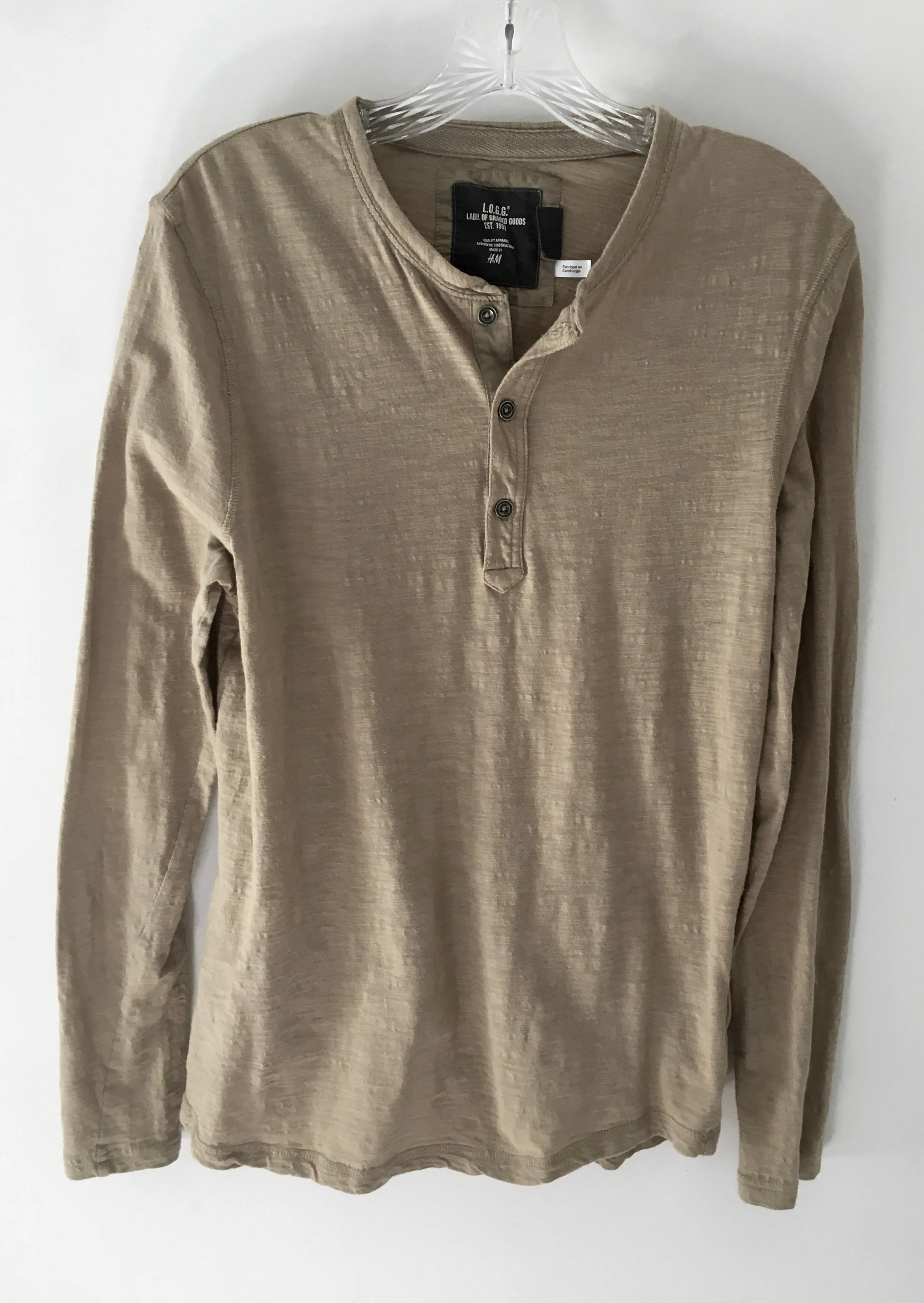 H&M Mens khaki 100% cotton long sleeve henley, M