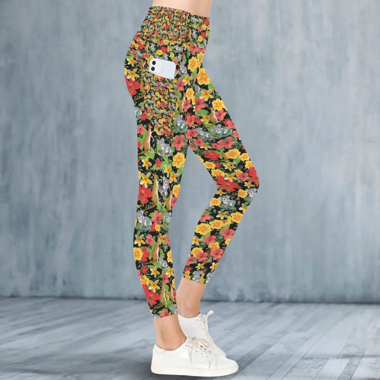 Hawaiian Australian Black Leggings with Pockets up to 5 XL (FWS)