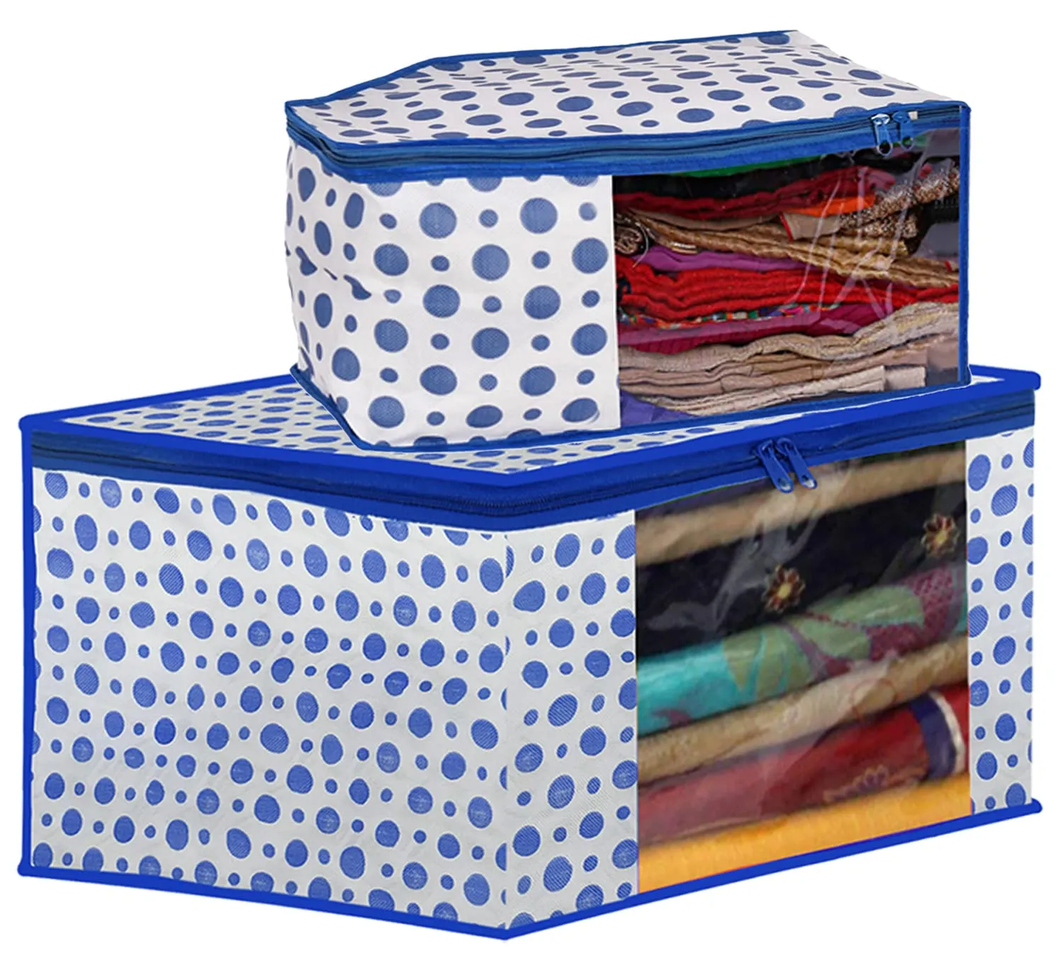 Heart Home Dot Printed Foldable, Lightweight Non-Woven Blouse & Saree Cover/Organizer Set With Tranasparent Window- Pack of 2 (Blue)-46HH0465