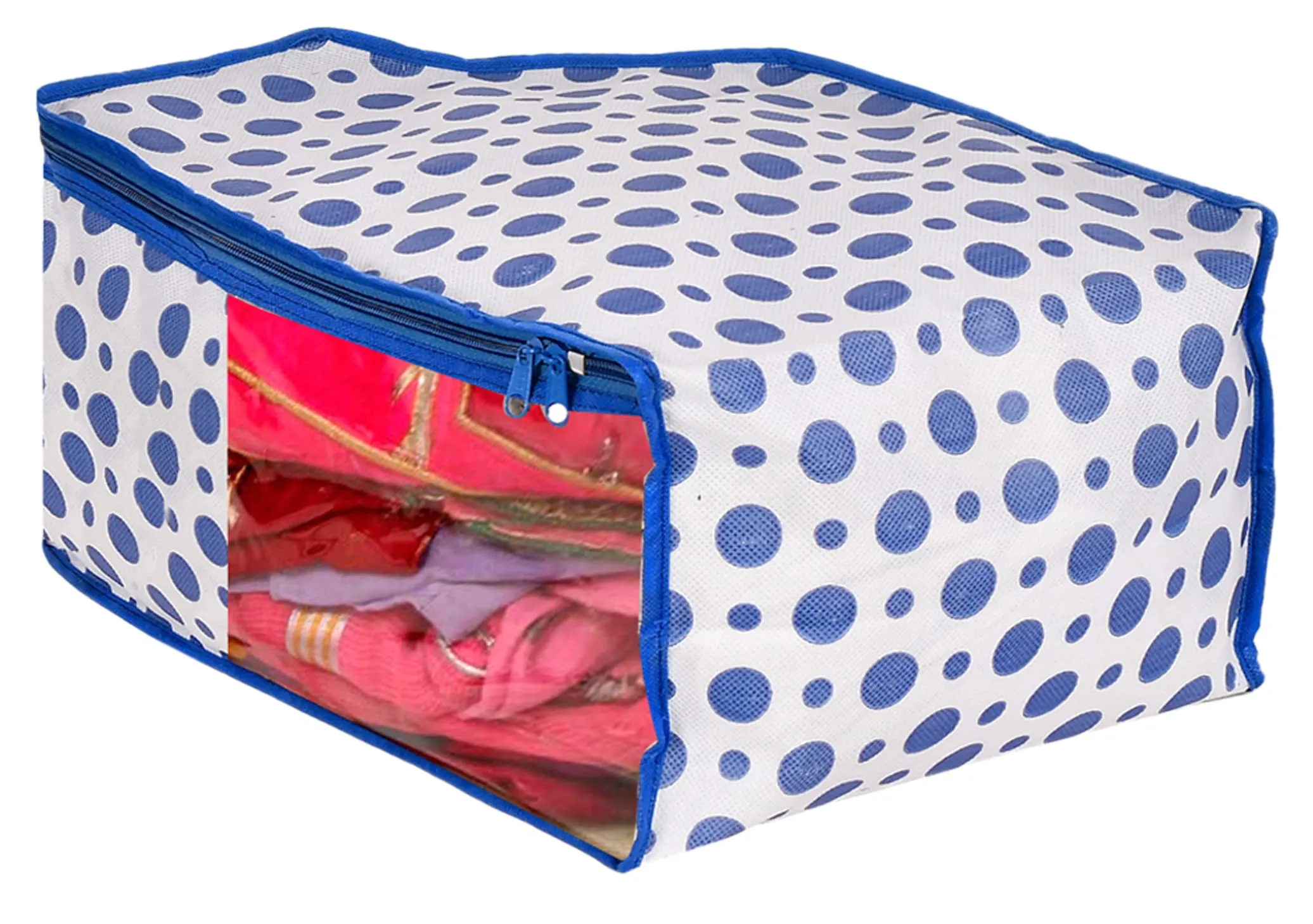 Heart Home Dot Printed Foldable, Lightweight Non-Woven Blouse & Saree Cover/Organizer Set With Tranasparent Window- Pack of 2 (Blue)-46HH0465