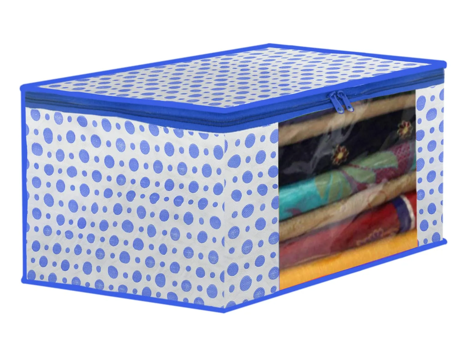 Heart Home Dot Printed Foldable, Lightweight Non-Woven Blouse & Saree Cover/Organizer Set With Tranasparent Window- Pack of 2 (Blue)-46HH0465