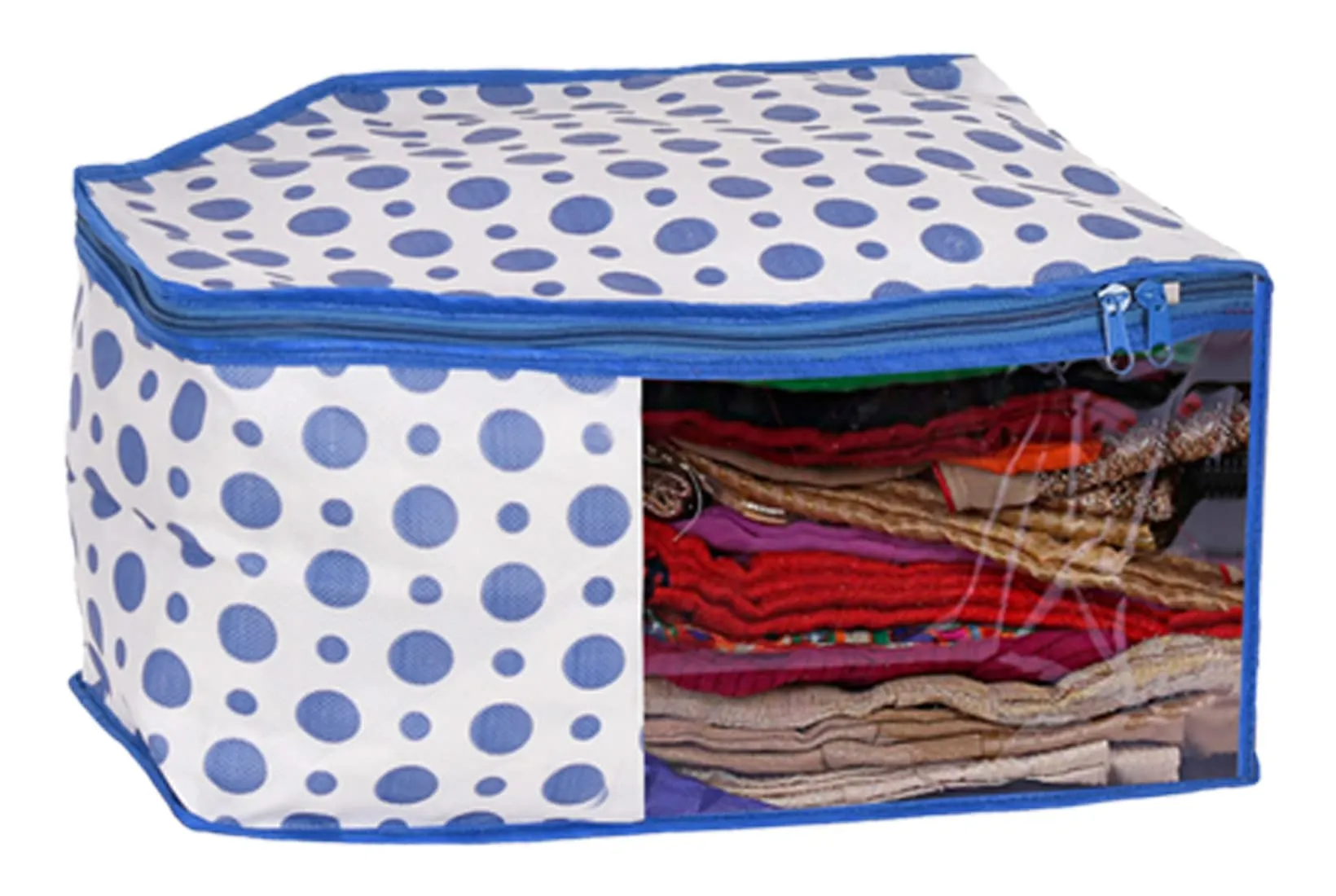 Heart Home Dot Printed Non-Woven Blouse Cover, Cloth Organizer, Wardrobe Organiser With Tranasparent Window- Pack of 6 (Blue)-46HH0310