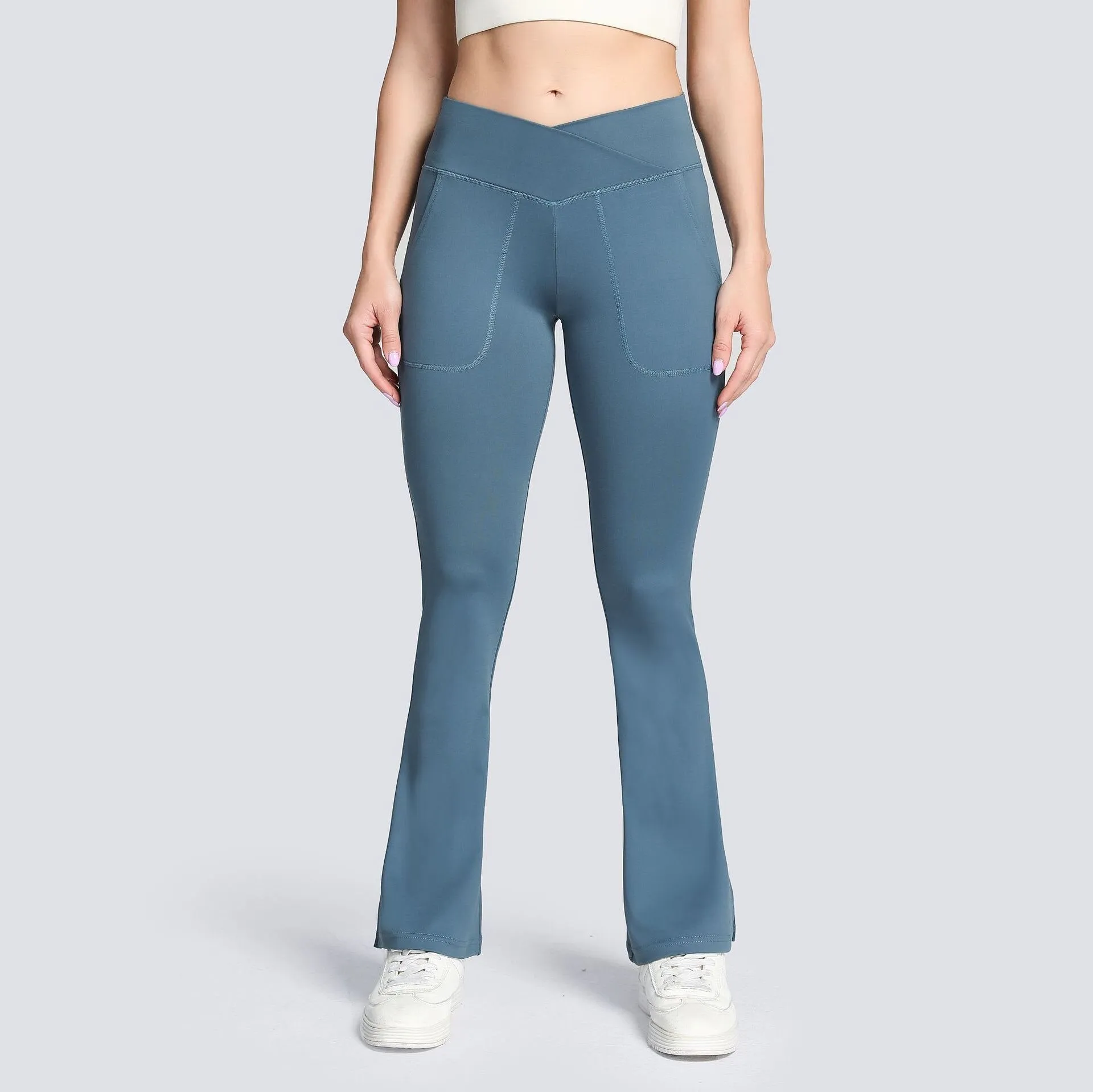 High Waist Crossover Flare Yoga Leggings with Pocket