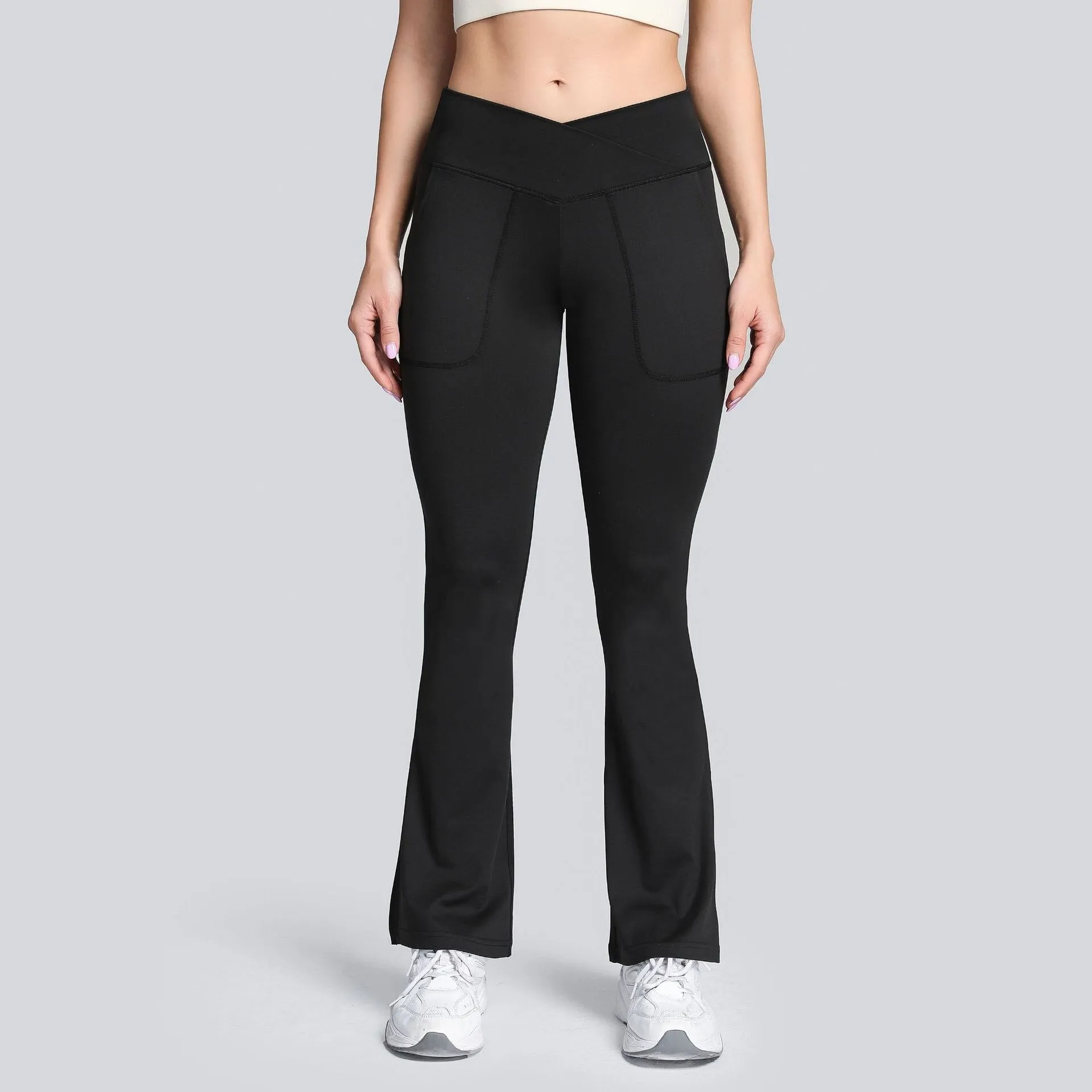 High Waist Crossover Flare Yoga Leggings with Pocket