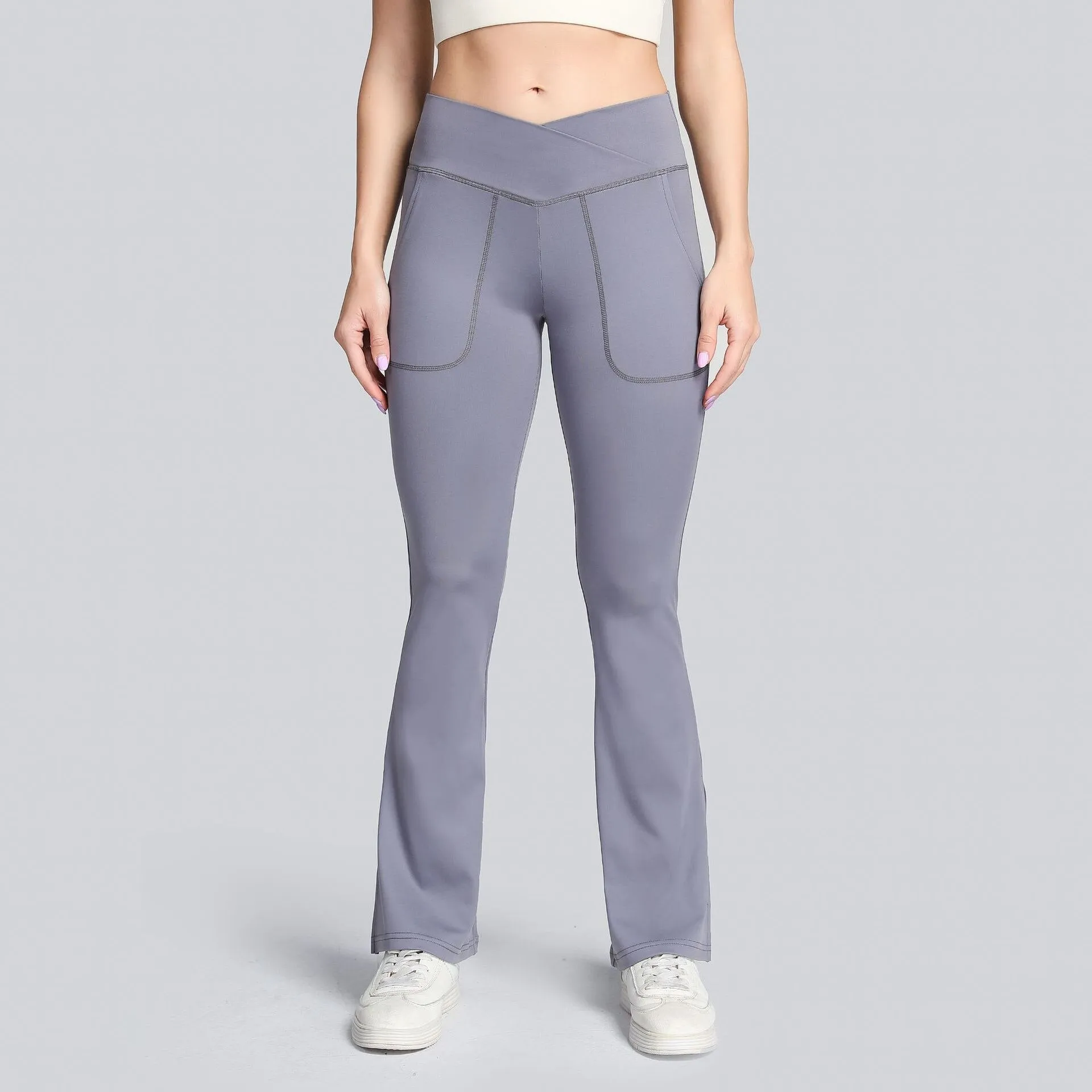 High Waist Crossover Flare Yoga Leggings with Pocket