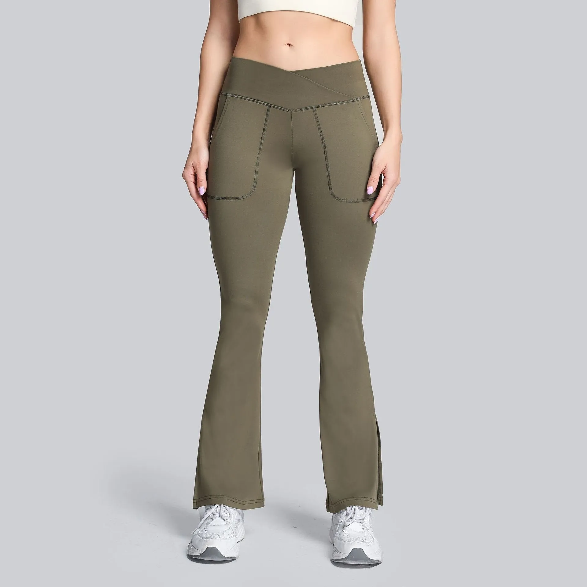 High Waist Crossover Flare Yoga Leggings with Pocket