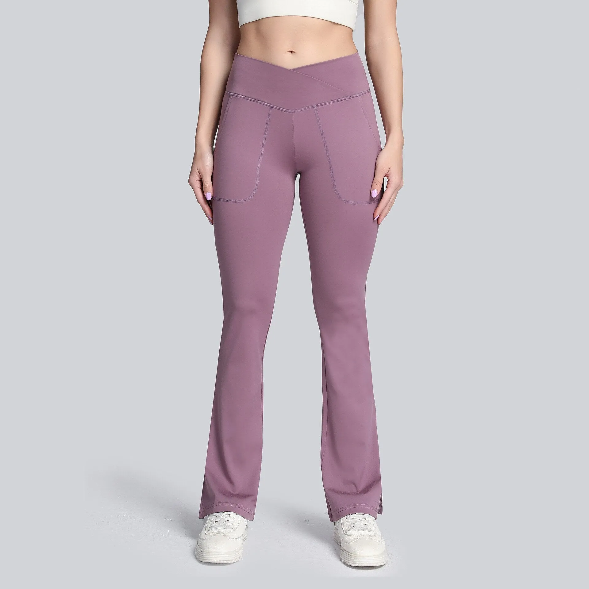 High Waist Crossover Flare Yoga Leggings with Pocket