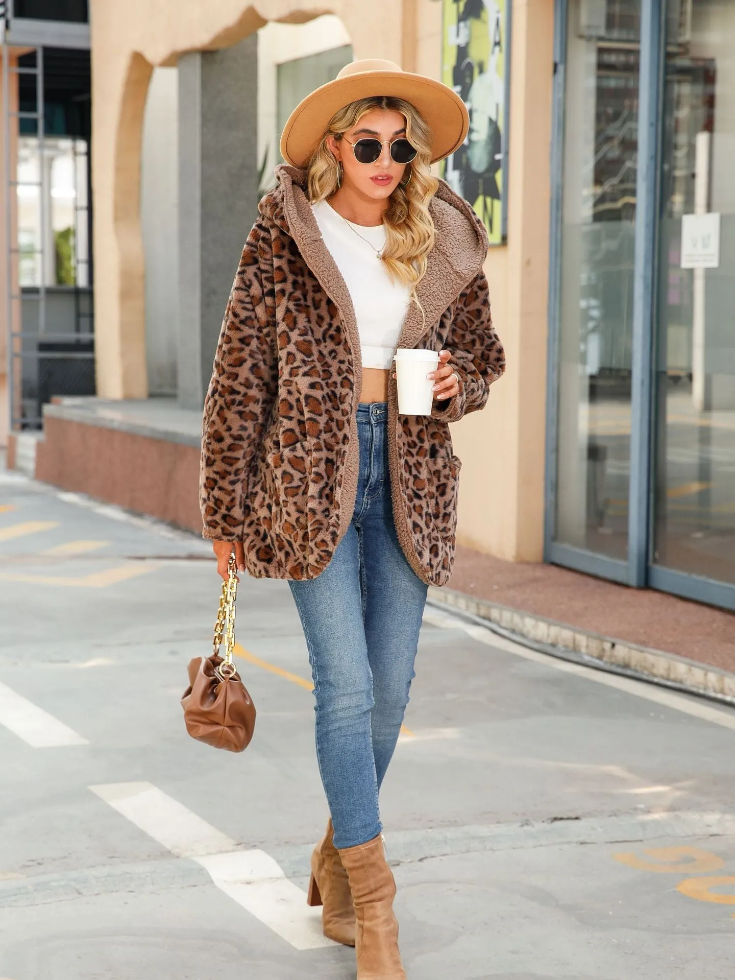 Hooded Loose Long Sleeve Leopard Print Cardigan Coat