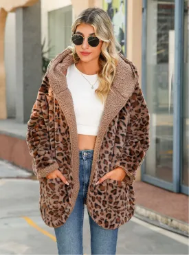 Hooded Loose Long Sleeve Leopard Print Cardigan Coat