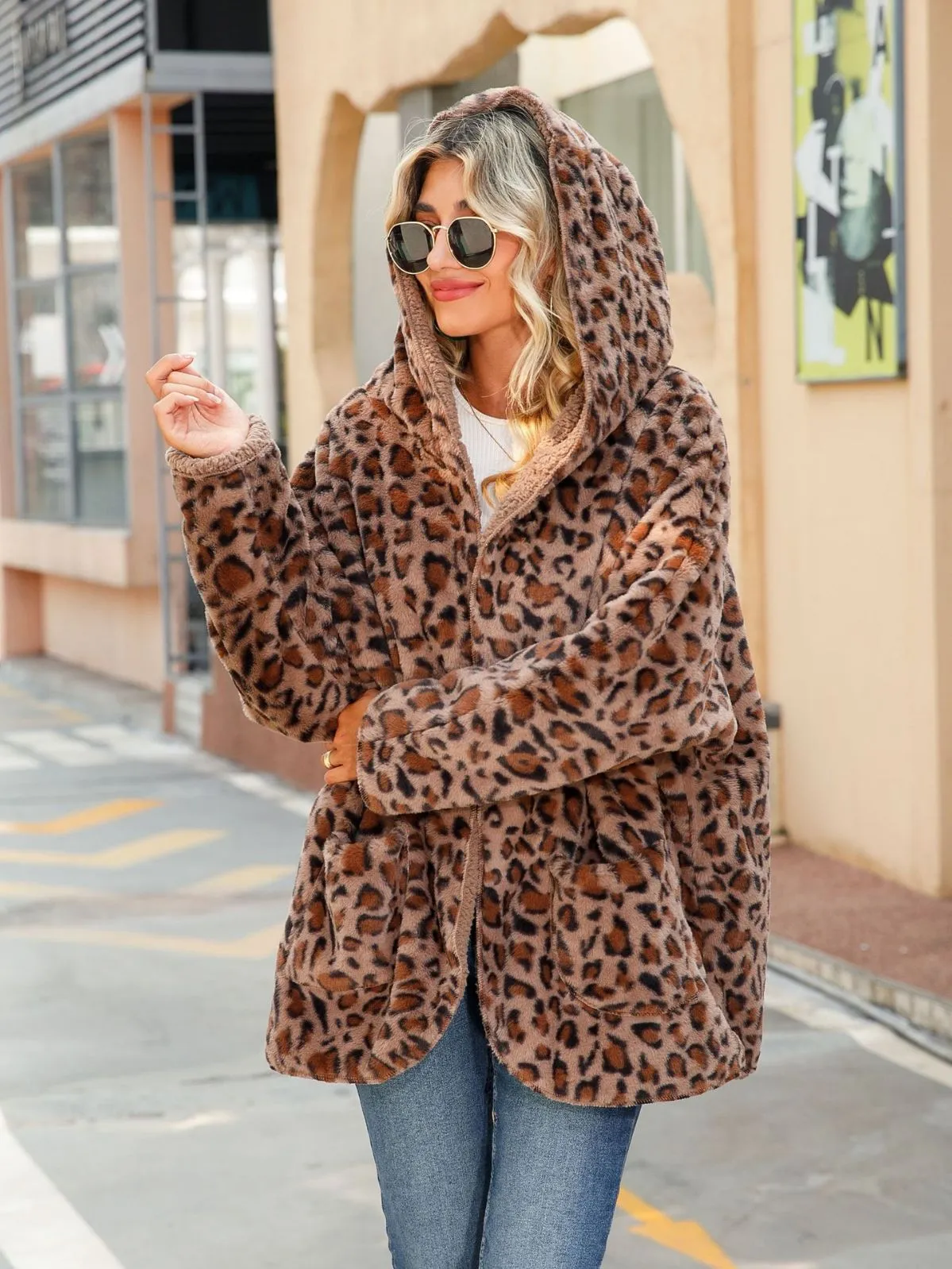 Hooded Loose Long Sleeve Leopard Print Cardigan Coat