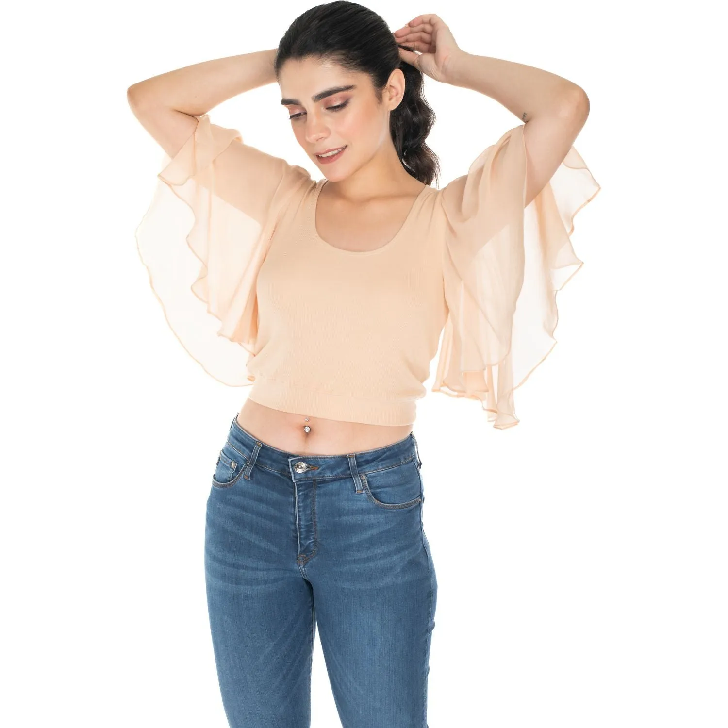 Hosiery Deep Neck Blouses - Butterfly Sleeves - Plus Size