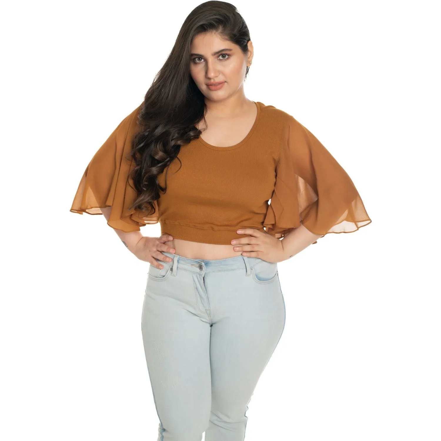 Hosiery Deep Neck Blouses - Butterfly Sleeves - Plus Size