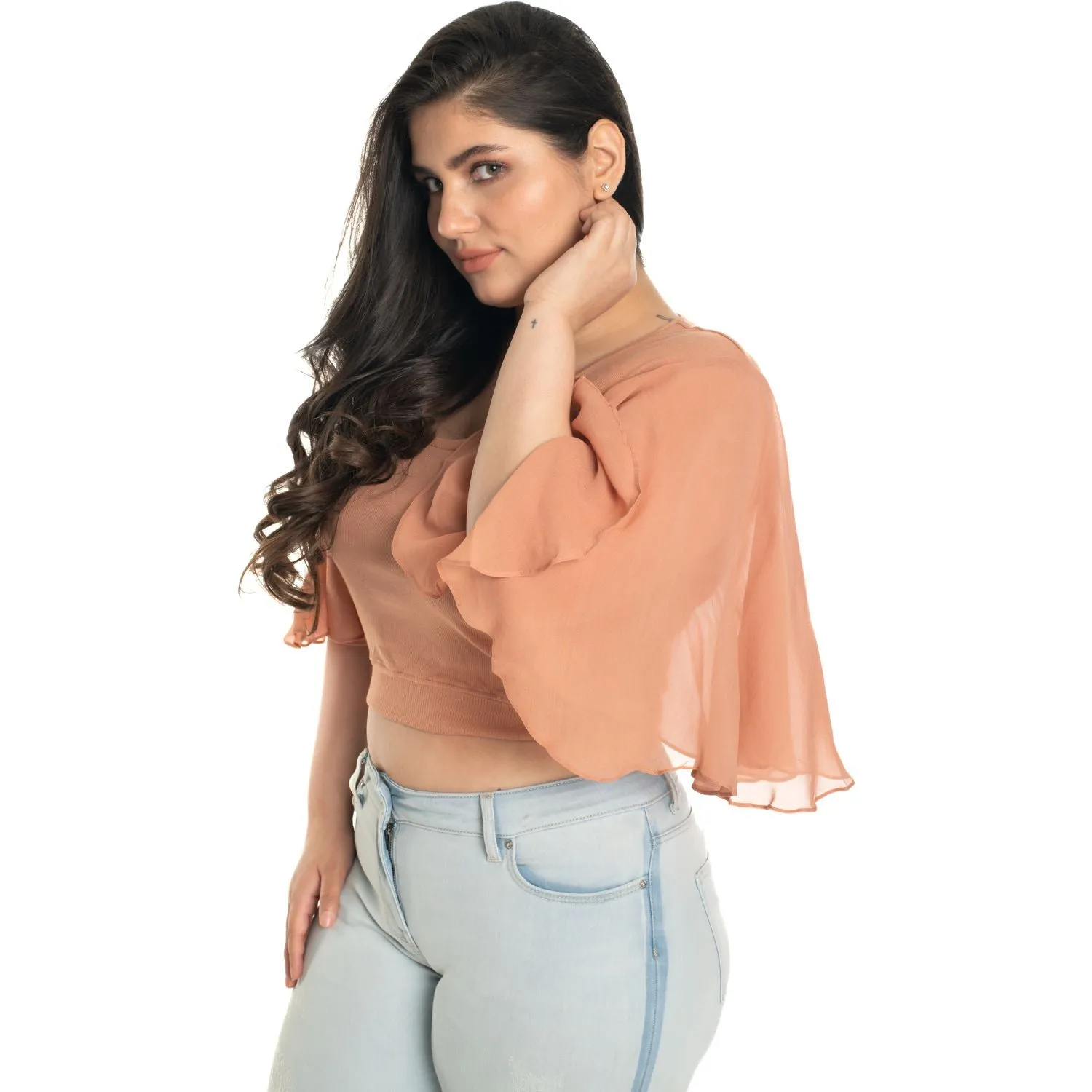 Hosiery Deep Neck Blouses - Butterfly Sleeves - Plus Size