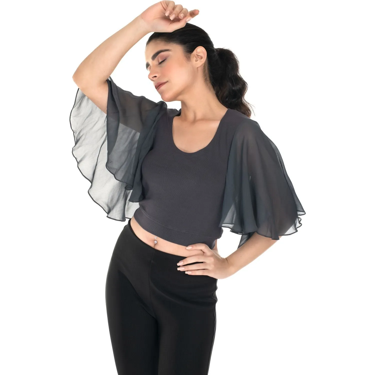 Hosiery Deep Neck Blouses - Butterfly Sleeves - Plus Size