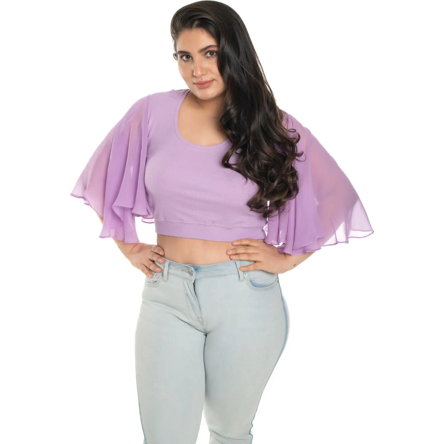 Hosiery Deep Neck Blouses - Butterfly Sleeves - Plus Size