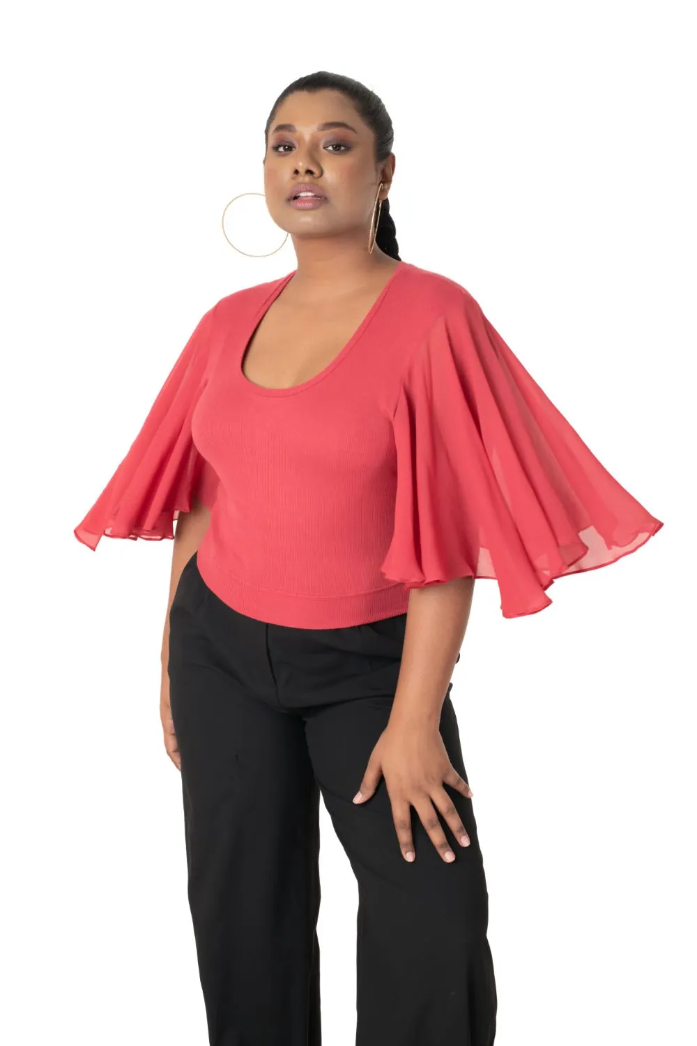 Hosiery Deep Neck Blouses - Butterfly Sleeves - Plus Size