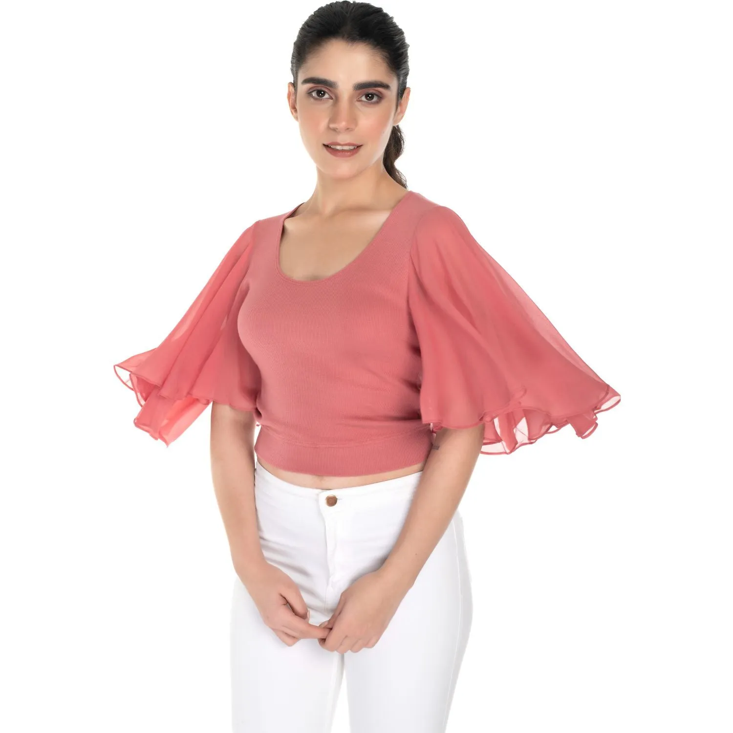 Hosiery Deep Neck Blouses - Butterfly Sleeves - Plus Size