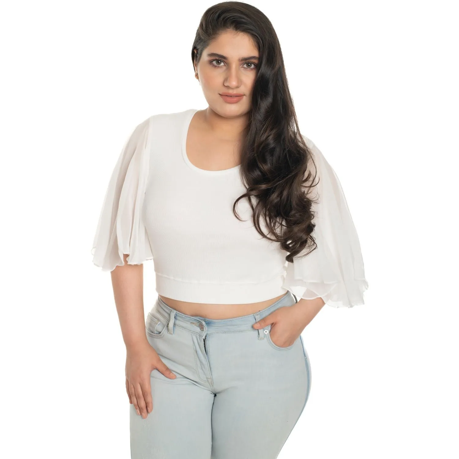 Hosiery Deep Neck Blouses - Butterfly Sleeves - Plus Size