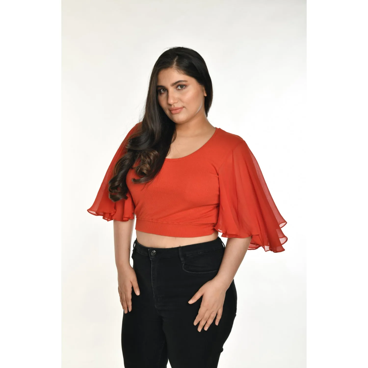 Hosiery Deep Neck Blouses - Butterfly Sleeves - Plus Size