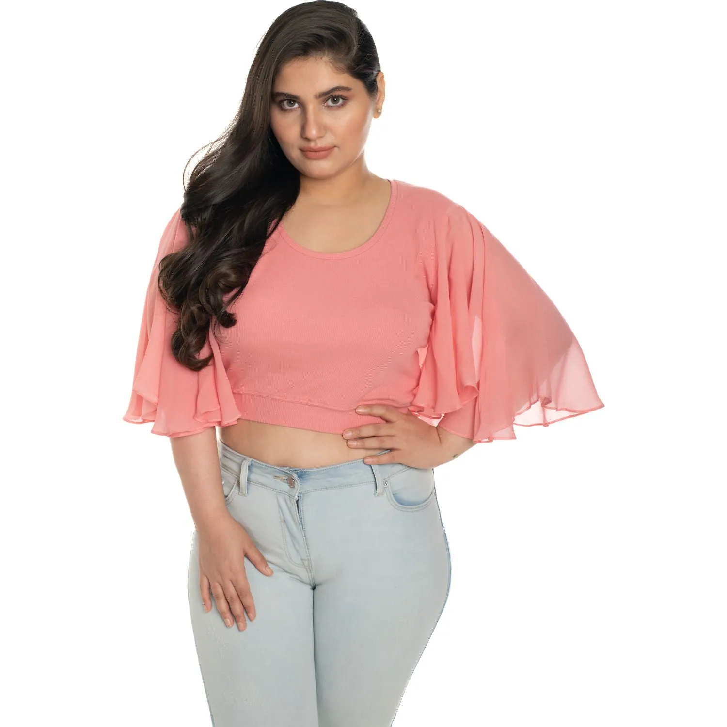 Hosiery Deep Neck Blouses - Butterfly Sleeves - Plus Size