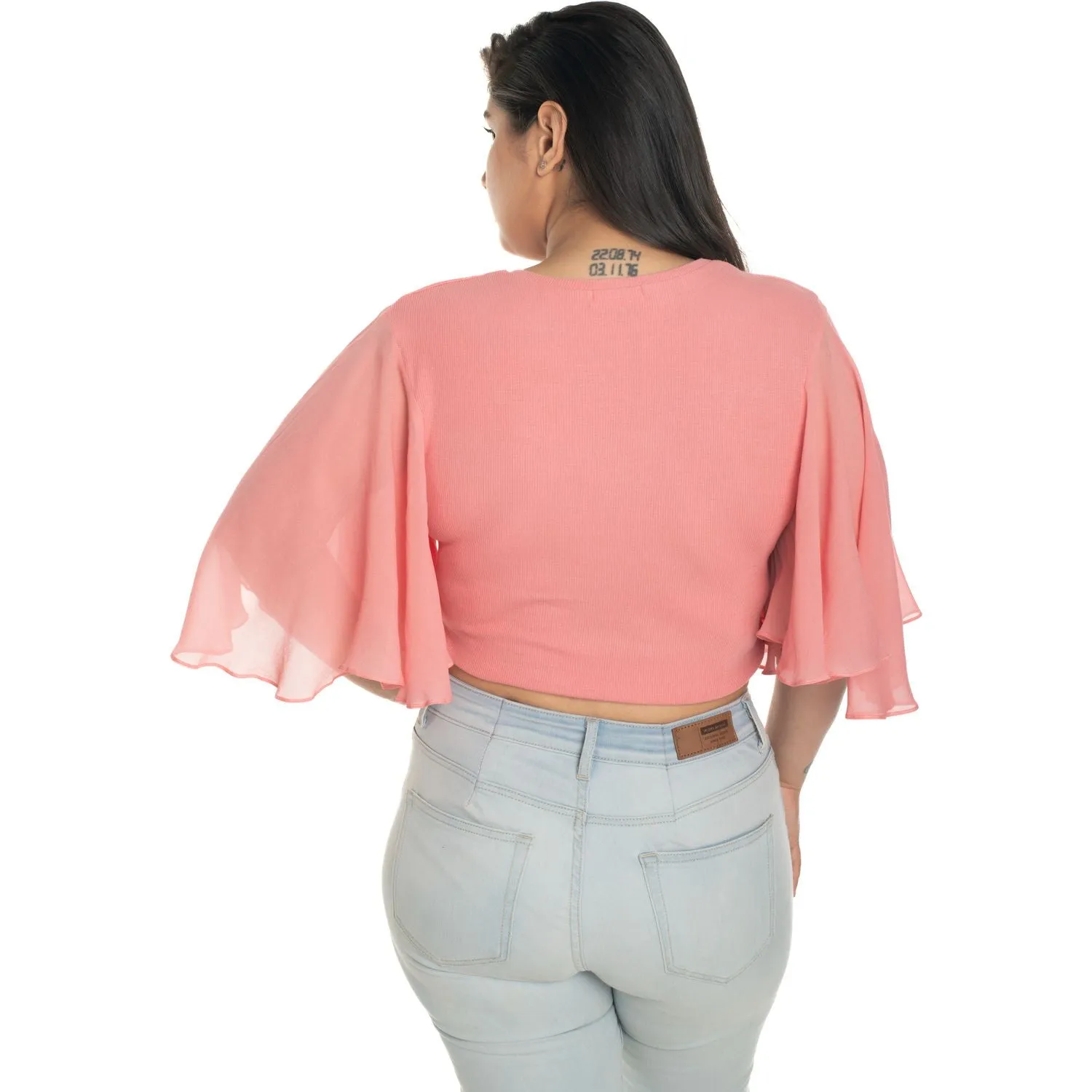 Hosiery Deep Neck Blouses - Butterfly Sleeves - Plus Size