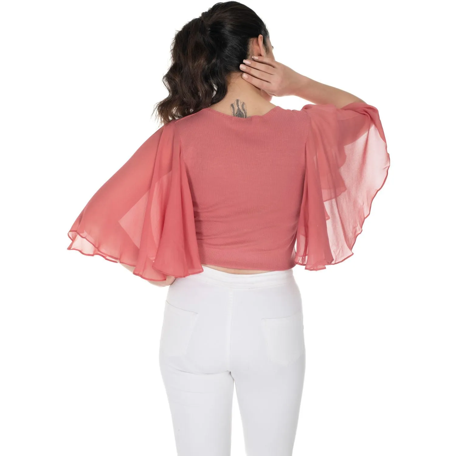 Hosiery Deep Neck Blouses - Butterfly Sleeves - Plus Size