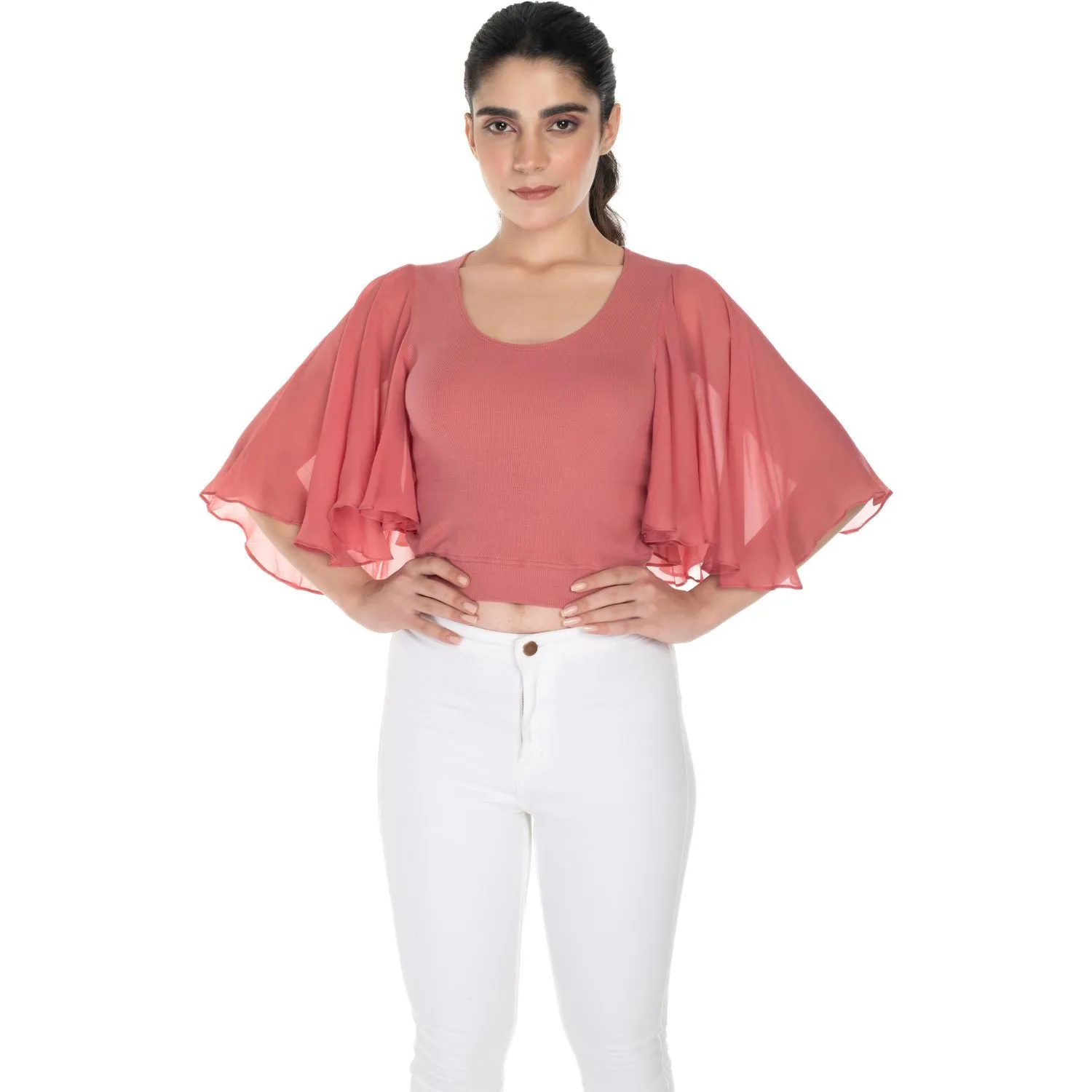 Hosiery Deep Neck Blouses - Butterfly Sleeves - Plus Size