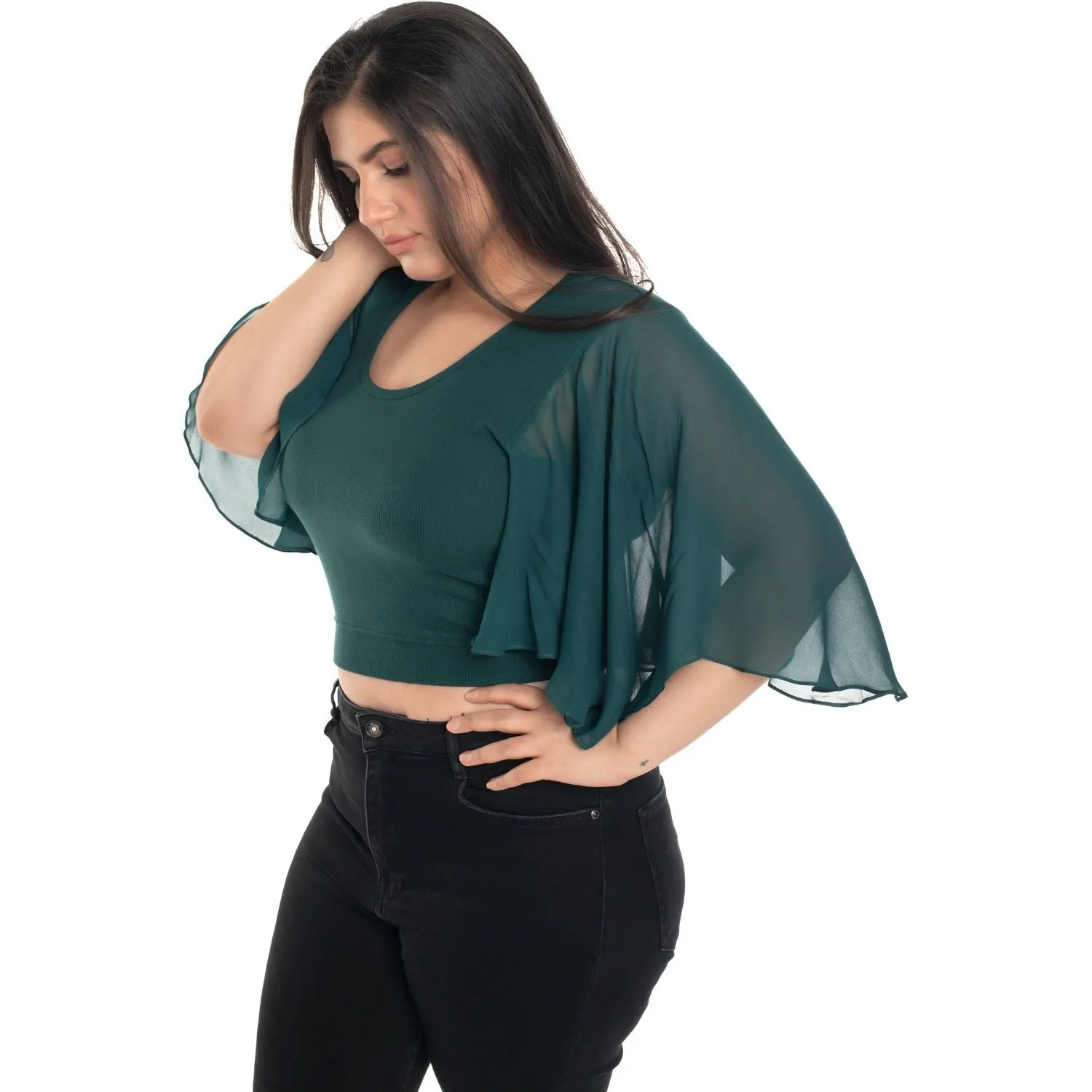 Hosiery Deep Neck Blouses - Butterfly Sleeves - Plus Size