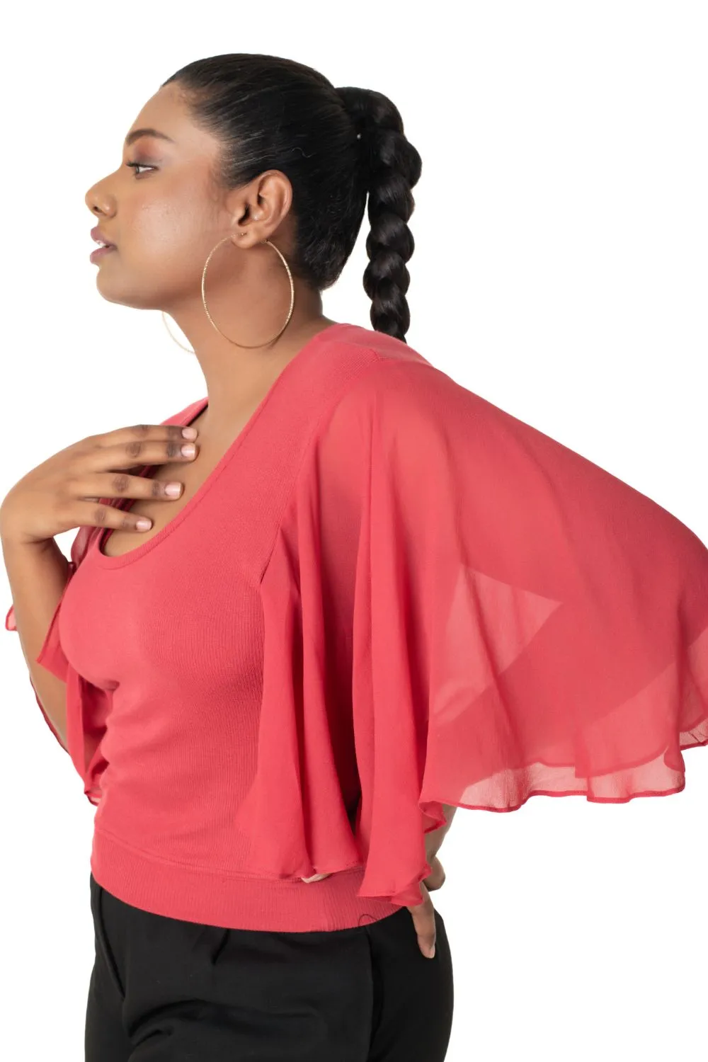 Hosiery Deep Neck Blouses - Butterfly Sleeves - Plus Size