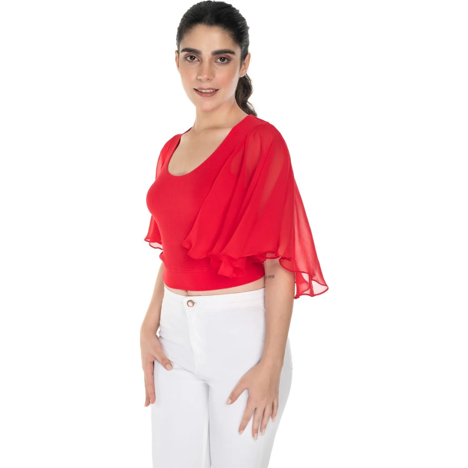 Hosiery Deep Neck Blouses - Butterfly Sleeves - Plus Size